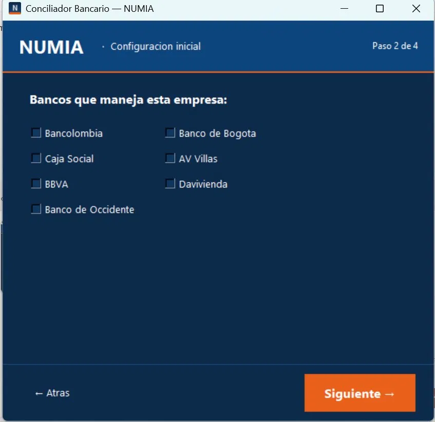 NUMIA paso 2 — Selección de bancos